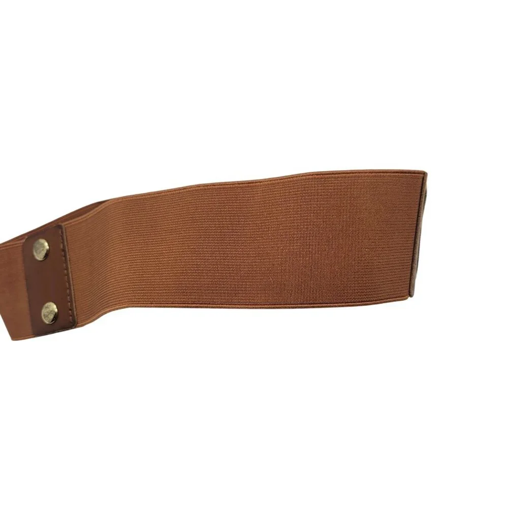 Vtg‎ Express Western Wide Brown Leather Stretch Waist Belt Sz S/M Gold Weave